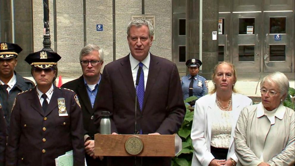 PHOTO: New York Mayor Bill de Blasio speaks outside Stuyvesant High School in lower Manhattan, two days after the Oct. 31, 2017 terror attack near the school in New York City.  