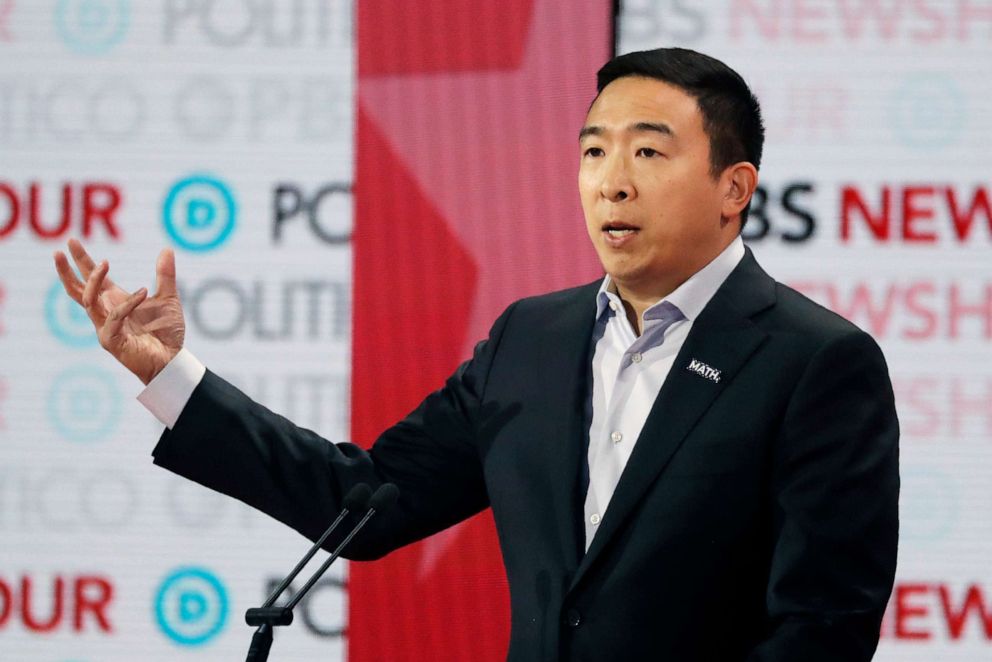 PHOTO: Democratic presidential candidate entrepreneur Andrew Yang speaks during a Democratic presidential primary debate Thursday, Dec. 19, 2019, in Los Angeles.