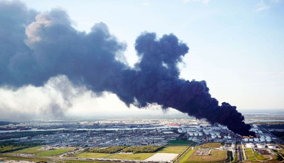 PHOTO: A plume of smoke rises from a petrochemical fire at the Intercontinental Terminals Company, March 18, 2019, in Deer Park, Texas.