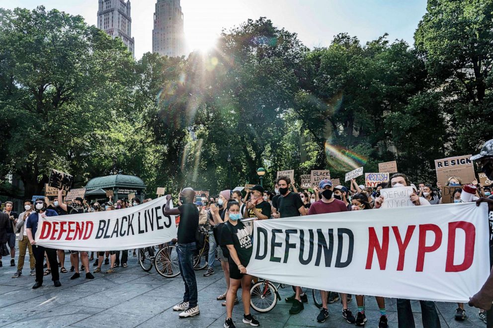 PHOTO: People demonstrate in New York City, June 24, 2020, requesting the City Council defund the police or reduce the police budget by one billion dollars, in the wake of the death of George Floyd and protests over racial inequality.