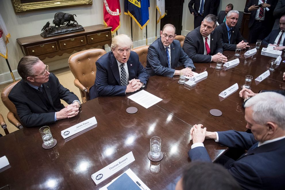 PHOTO: President Donald Trump speaks during a meeting with the Fraternal Order of Police in the Roosevelt Room of the White House in Washington,  March 28, 2017. 