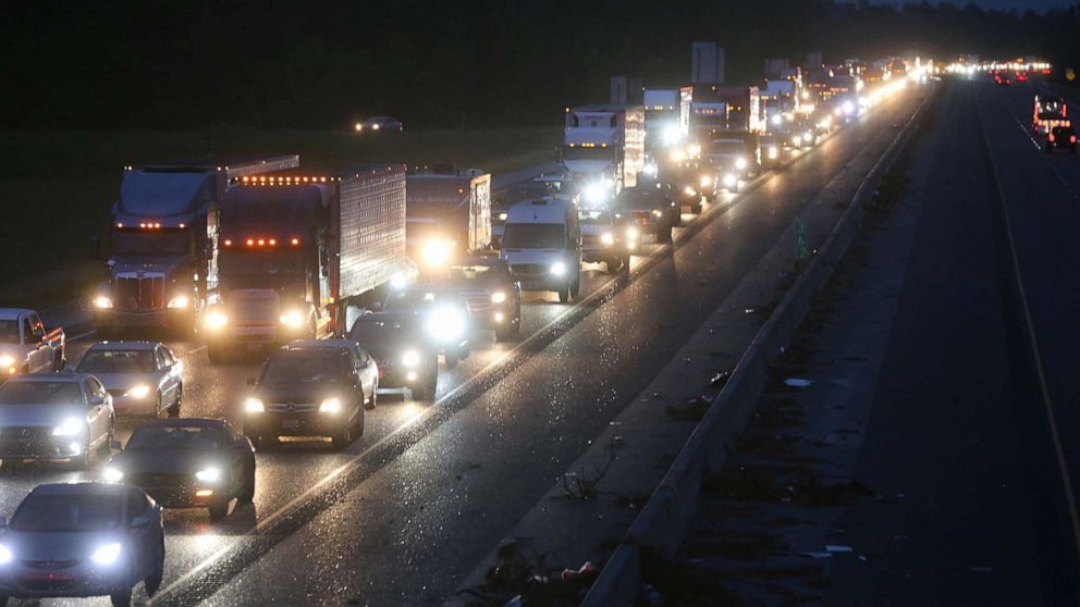 PHOTO: Traffic is jammed on I-10 westbound amid evacuations ahead of Hurricane Delta on Oct. 8, 2020 in Lake Charles, La.