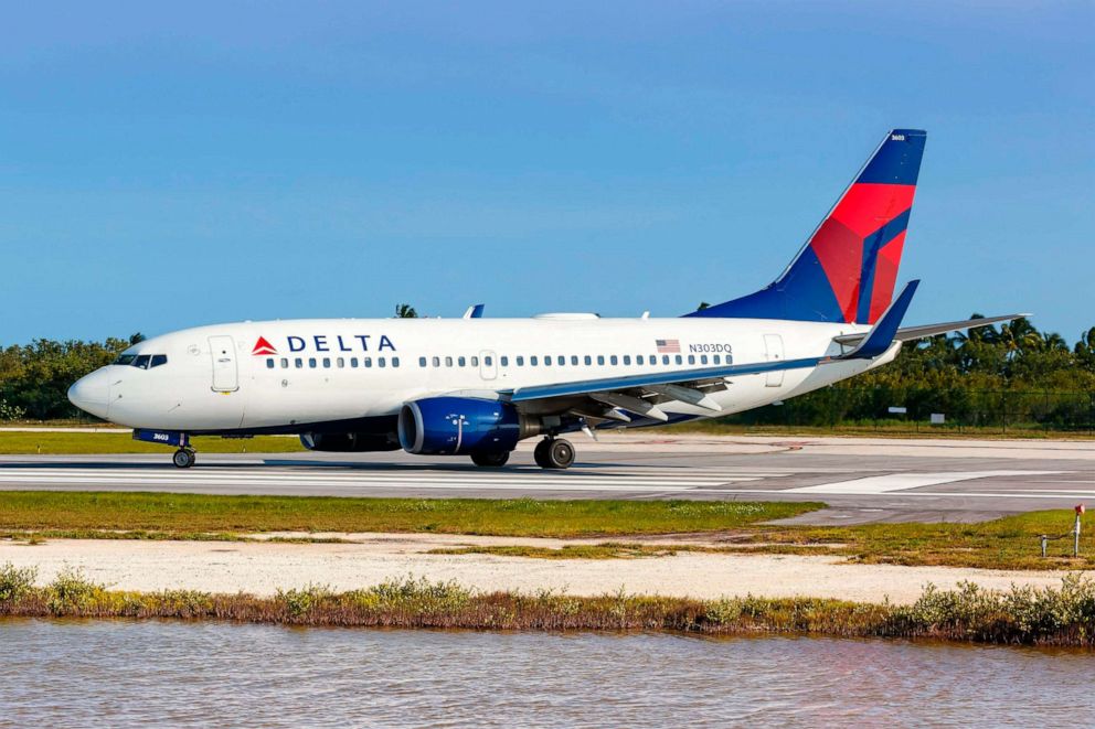 PHOTO: In this April 4, 2019, file photo, a Delta Air Lines Boeing 737-700 airplane sits at Key West airport in Key West, Fla.