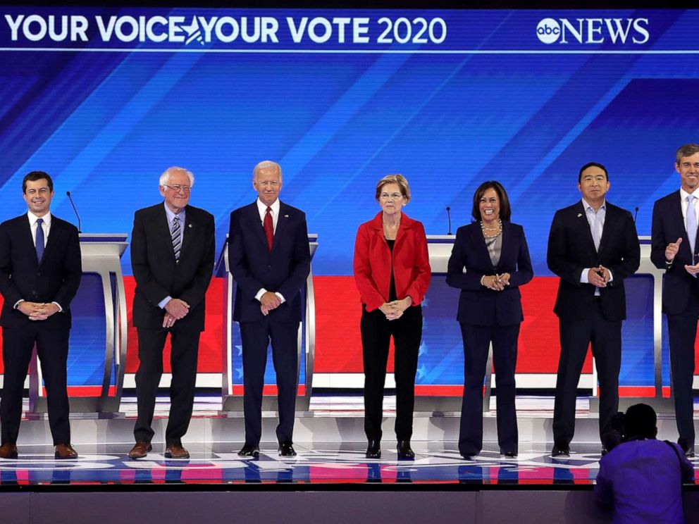 PHOTO: Democratic presidential candidates appear on stage before the start of the Democratic Presidential Debate at Texas Southern University's Health and PE Center on Sept. 12, 2019, in Houston.