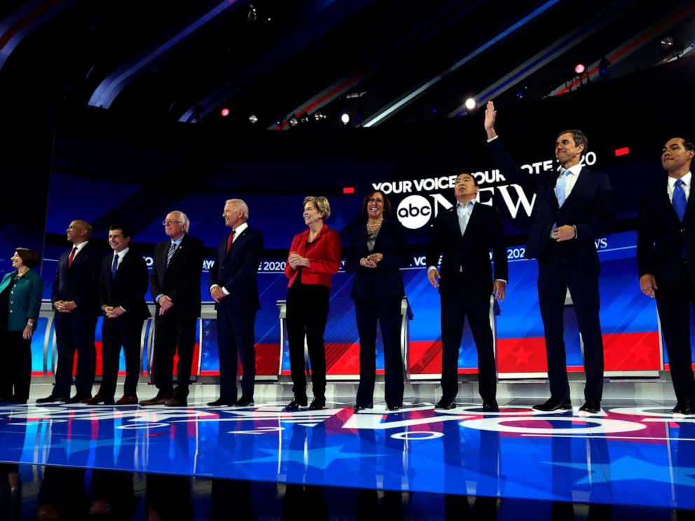 PHOTO: Democratic presidential candidates are introduced for the Democratic presidential primary debate hosted by ABC on the campus of Texas Southern University Thursday, Sept. 12, 2019, in Houston.