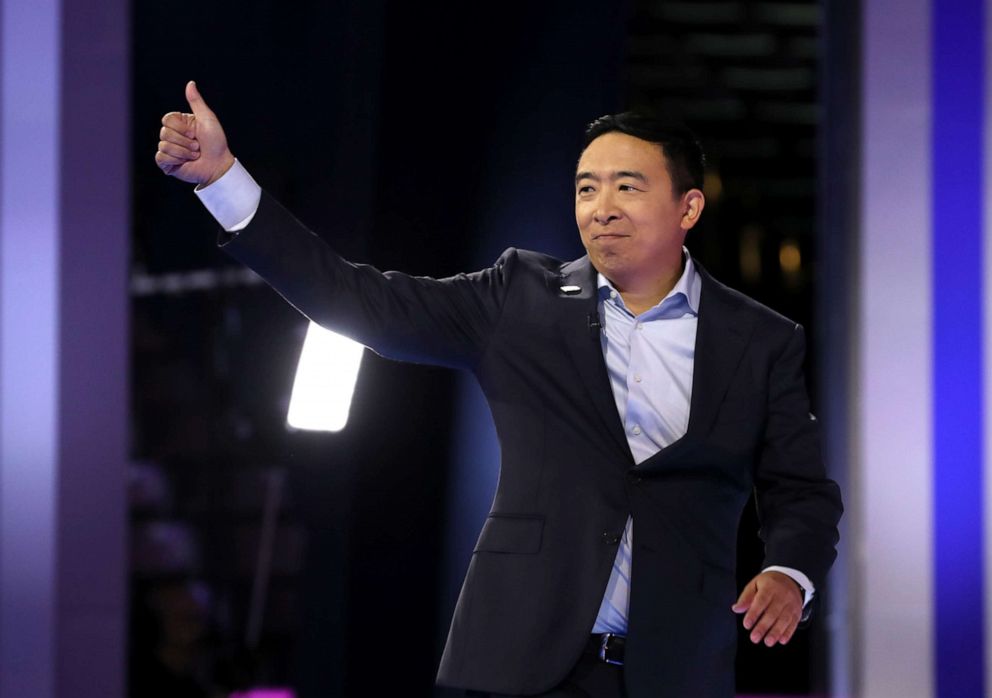 PHOTO: Democratic presidential candidate Andrew Yang is introduced before the Democratic Presidential Debate at Texas Southern University's Health and PE Center on Sept. 12, 2019, in Houston.