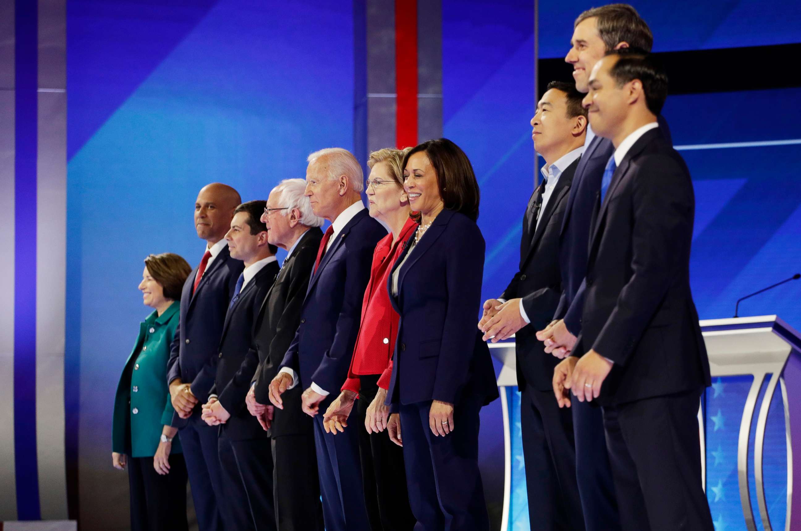 PHOTO: Democratic presidential candidates are introduced for the Democratic presidential primary debate hosted by ABC on the campus of Texas Southern University Thursday, Sept. 12, 2019, in Houston.