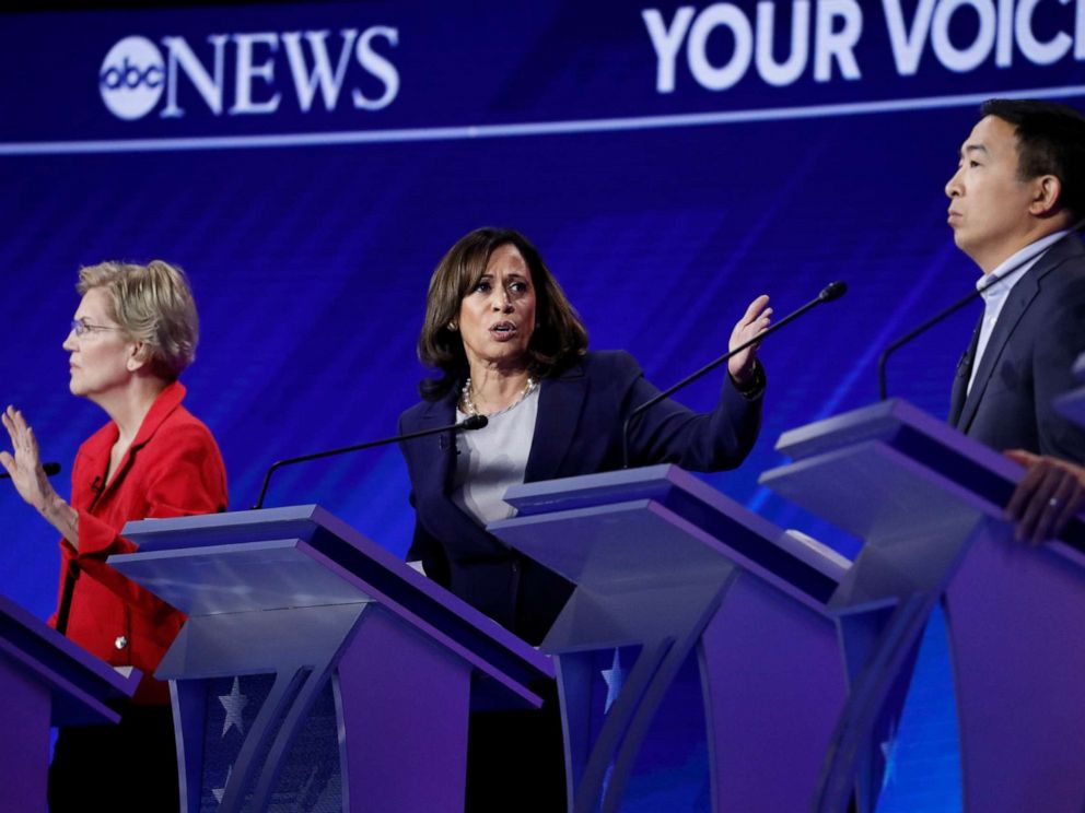 PHOTO: Democratic presidential hopefuls Sen. Elizabeth Warren, Sen. Kamala Harris and Andrew Yang participate in the third Democratic primary debate hosted by ABC News in Houston, Sept. 12, 2019.
