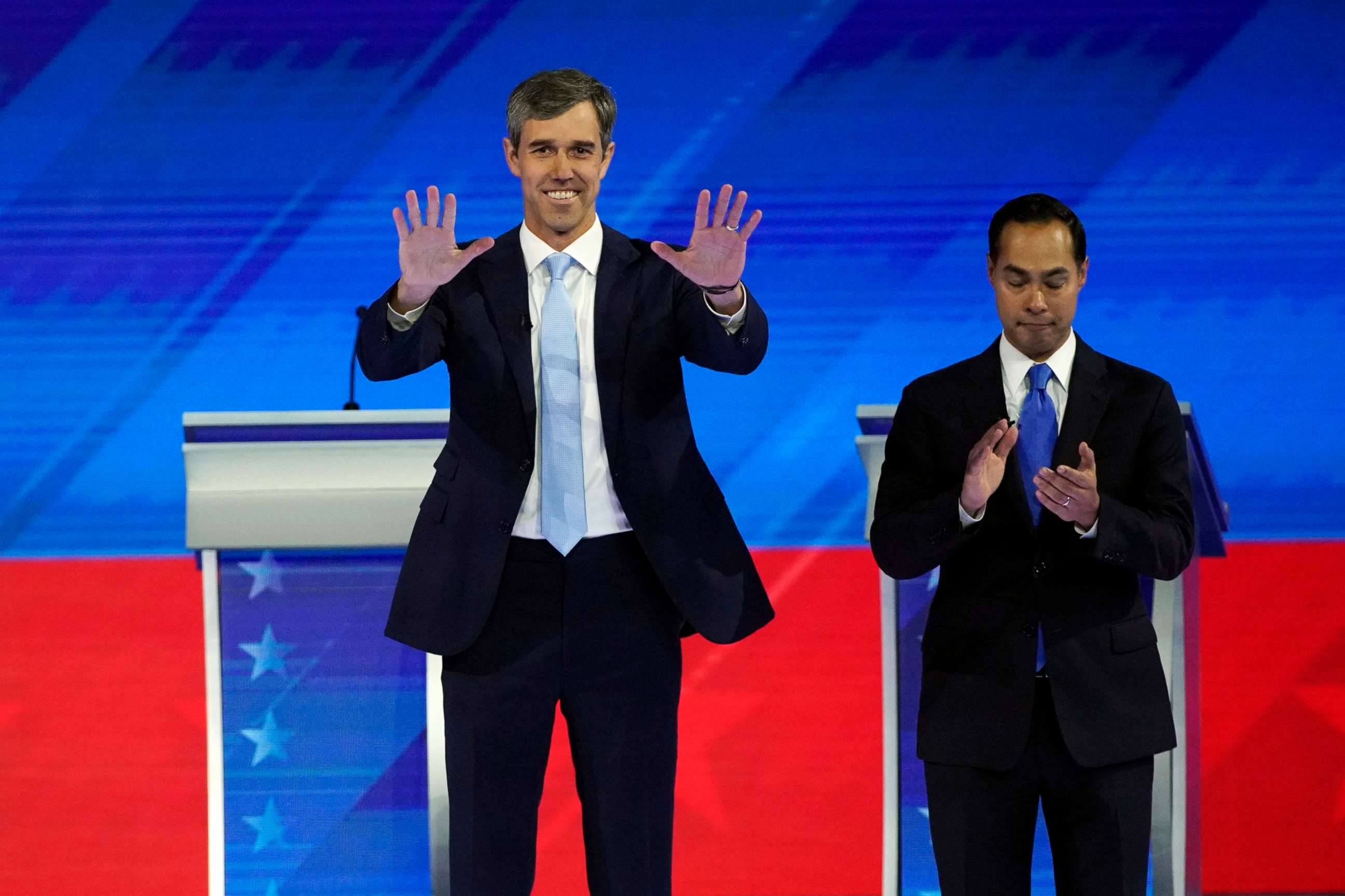 PHOTO: Former Texas Rep. Beto O'Rourke and former Housing and Urban Development Secretary Julian Castro take the stage on Sept. 12, 2019, during a Democratic presidential primary debate in Houston.