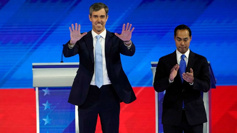 PHOTO: Former Texas Rep. Beto O'Rourke and former Housing and Urban Development Secretary Julian Castro take the stage on Sept. 12, 2019, during a Democratic presidential primary debate in Houston.