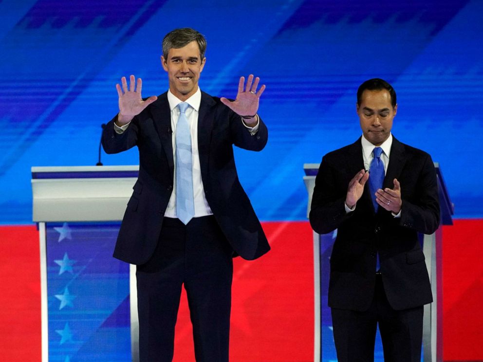 PHOTO: Former Texas Representative, Beto ORourke, and former Secretary of Housing and Urban Development, Julian Castro, speak on September 12, 2019, during a primary debate at the presidency Democrat in Houston.