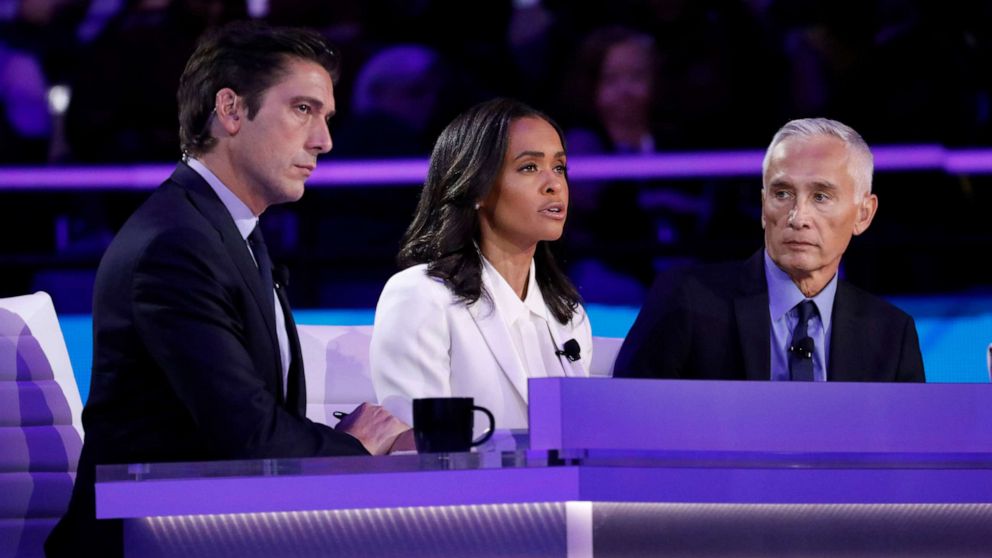 PHOTO: ABC News' "World News Tonight" Anchor and Managing Editor David Muir,  Correspondent Linsey Davis and Univision Anchor Jorge Ramos watch during the third Democratic Primary Debate, in Houston, Sept. 12, 2019.