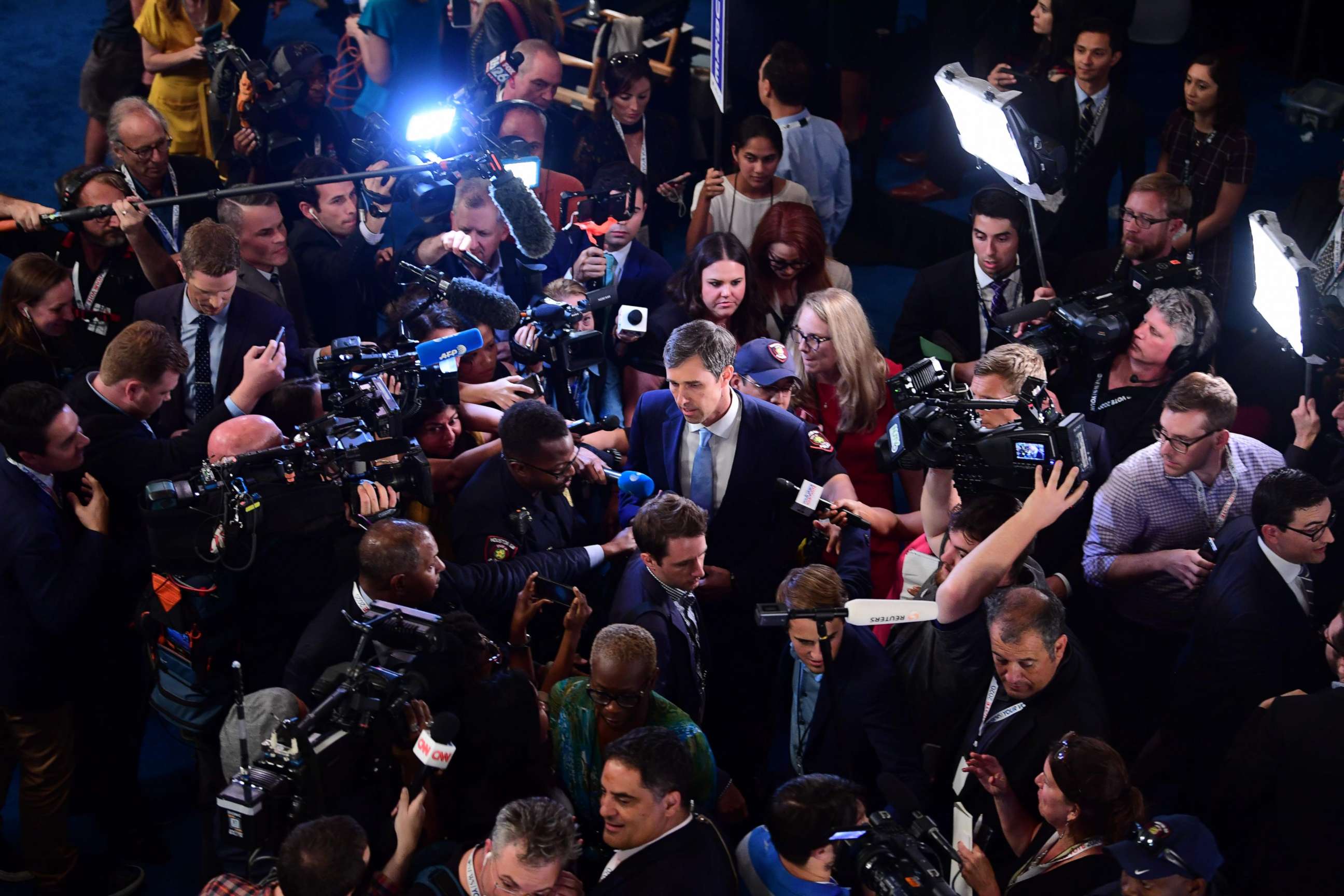 PHOTO: Democratic presidential hopeful former Rep. Beto O'Rourke speaks with the press after the third Democratic primary debate of the 2020 presidential campaign season in Houston, Sept. 12, 2019.