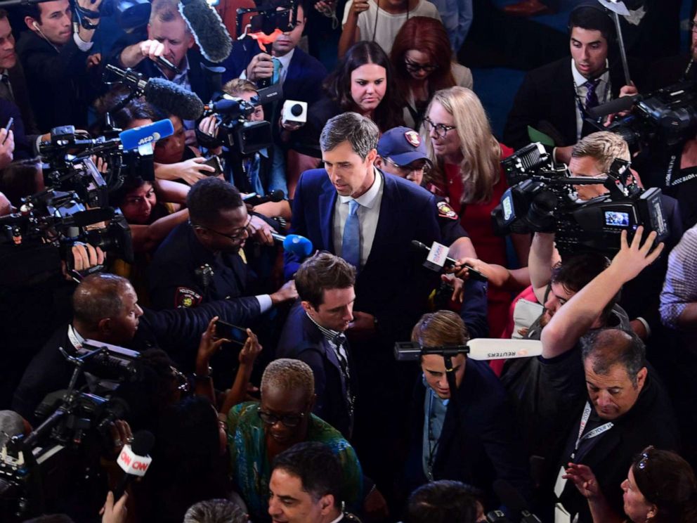 PHOTO: Democratic presidential hopeful former Rep. Beto ORourke speaks with the press after the third Democratic primary debate of the 2020 presidential campaign season in Houston, Sept. 12, 2019.