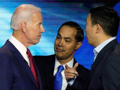 PHOTO: Former Vice President of Democratic Presidential Candidates, Joe Biden, Former Secretary of Housing and Urban Development, Julian Castro, and Andrew Yang are discussing Thursday, September 12, 2019, after a primary debate at the Democratic presidency in Houston.