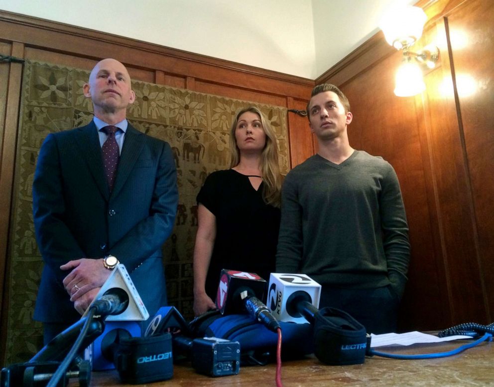 PHOTO: In this Sept. 29, 2016, file photo, attorney Anthony Douglas Rappaport, left, speaks at a news conference with his clients, Denise Huskins and her boyfriend Aaron Quinn, right, in San Francisco.
