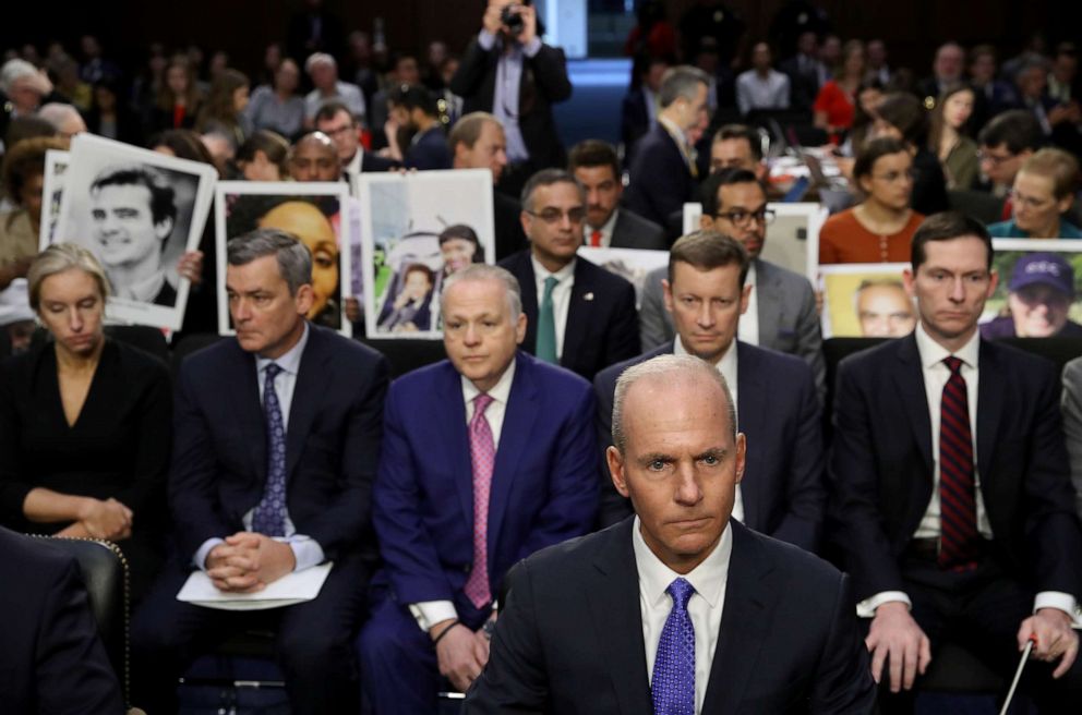 PHOTO: Dennis Muilenburg, president and CEO of the Boeing Company, sits at the witness table while waiting for the start of hearing held by the Senate Commerce Committee Oct. 29, 2019, in Washington.