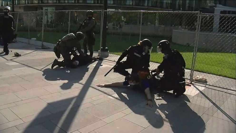 PHOTO: One person was killed and two others were arrested after a shooting during dueling protests outside the Denver Art Museum on Saturday, Oct. 10, 2020.