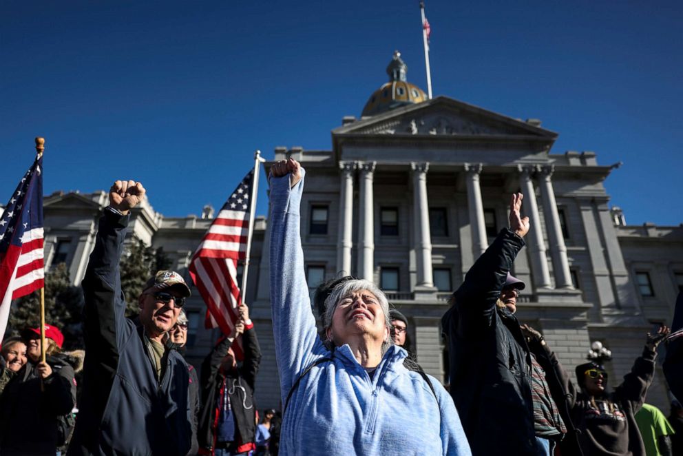 PHOTO: Donald Trump supporters demonstrate outside the Colorado State Capitol on Jan. 6, 2021 in Denver, Colo., to protest the ratification of Joe Biden's Electoral College victory over President Trump in the 2020 election.