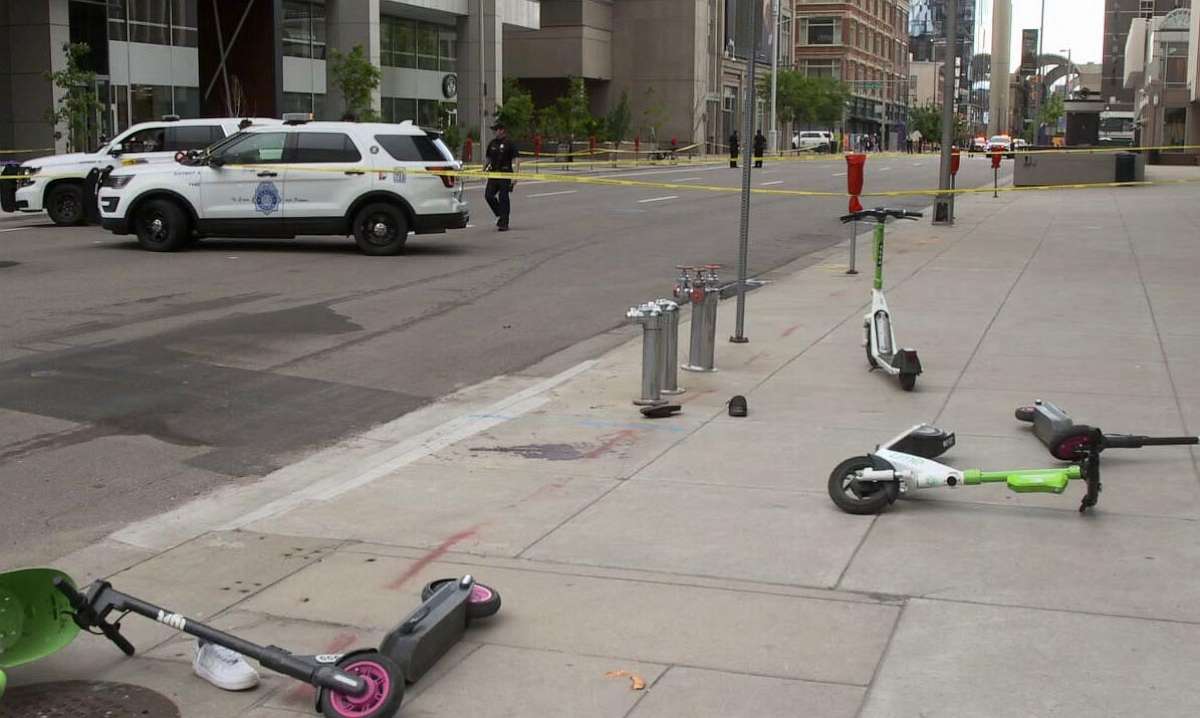 PHOTO: Two men were hurt in an apparently targeted shooting as revelers left downtown Denver following a parade for the Denver Nuggets, on June 15, 2023.