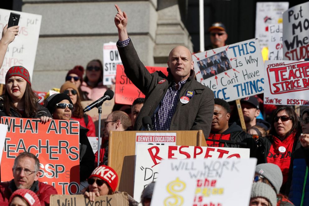 Ron Ruggiero, president of the Service Employees International Union Local 105, speaks to striking Denver teachers during a strike rally on the west steps of the State Capitol Monday, Feb. 11, 2019, in Denver.