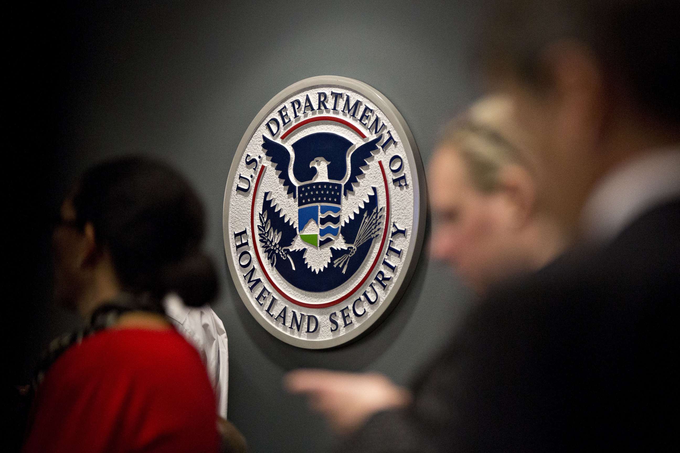 PHOTO: A Department of Homeland Security seal hangs on a wall before a speech by Vice President Mike Pence at the agency headquarters in Washington, D.C., July 6, 2018.