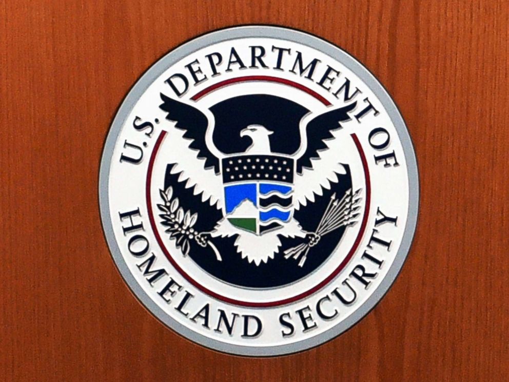 PHOTO: The seal of the US Department of Homeland Security in the US Customs and Border Protection Press Room at the Reagan Building in Washington, DC., March 6, 2017.