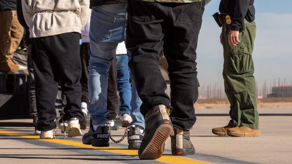 PHOTO: This image released by the Department of Defense shows U.S Northern Command supporting Immigration and Customs Enforcement deportation flights by military airlift, at Fort Bliss, Texas, Feb. 7, 2025.