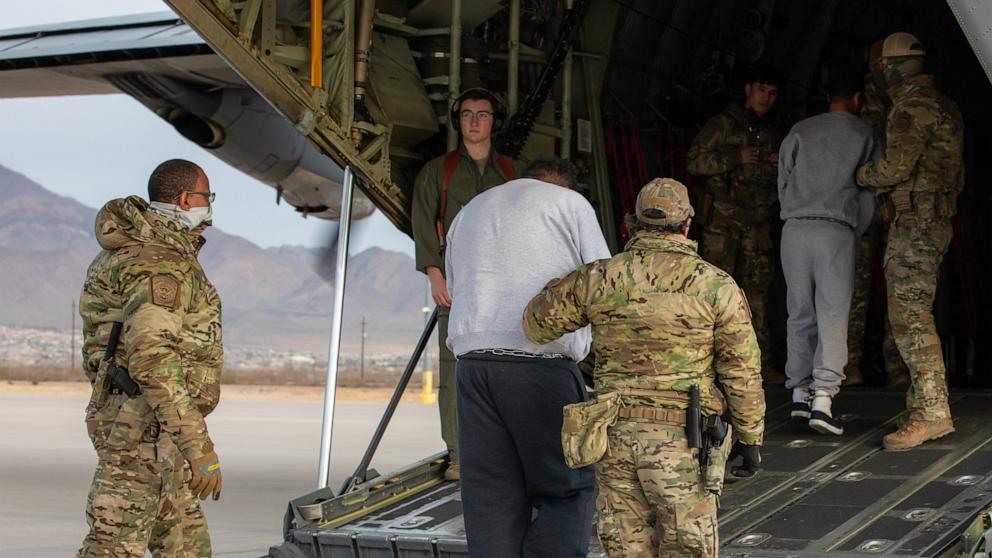 PHOTO: Under the direction of U.S. Northern Command, U.S. Transportation Command is supporting Immigration and Customs Enforcement deportation flights by providing military airlift, Fort Bliss, Texas, Feb. 10, 2025.