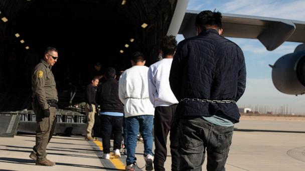 U.S. Immigration and Customs Enforcement, in coordination with the U.S. Customs and Border Protection, assists with the deportation of migrants at Biggs Army Airfield, Fort Bliss, Texas, Feb. 7, 2025. 
