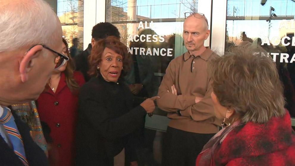 PHOTO: Democratic Members of Congress are blocked from entering the Department of Education headquarters in Washignton, Feb. 7, 2025.