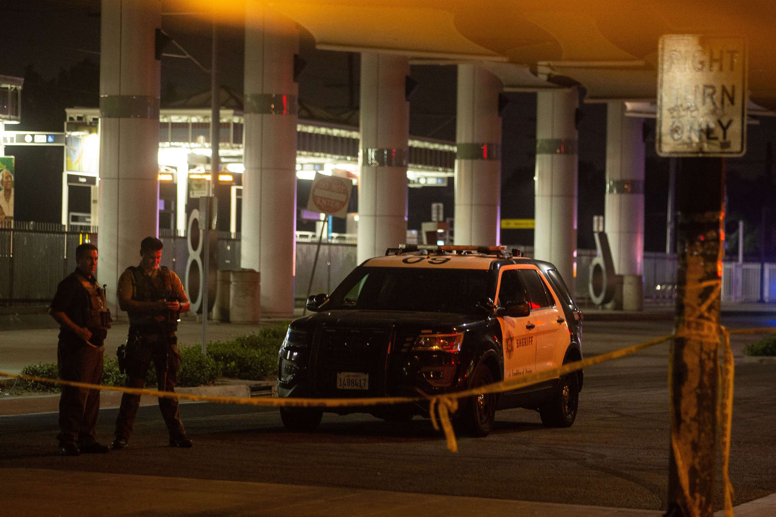 PHOTO: Sheriffs block off streets surrounding the bus station where two L.A. County sheriff's deputies were shot and gravely injured on Sept. 12, 2020, in Compton, Calif.