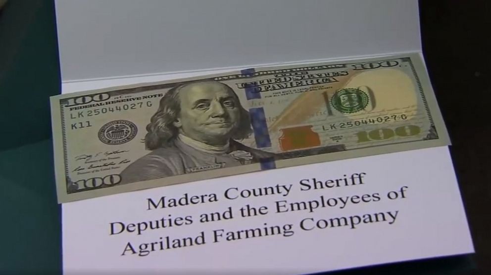 PHOTO: Instead of issuing traffic tickets, deputies with the Madera County Sheriff's Department in Central California gave motorists holiday cards containing $100 as part of a holiday outreach program, Dec. 23, 2019.