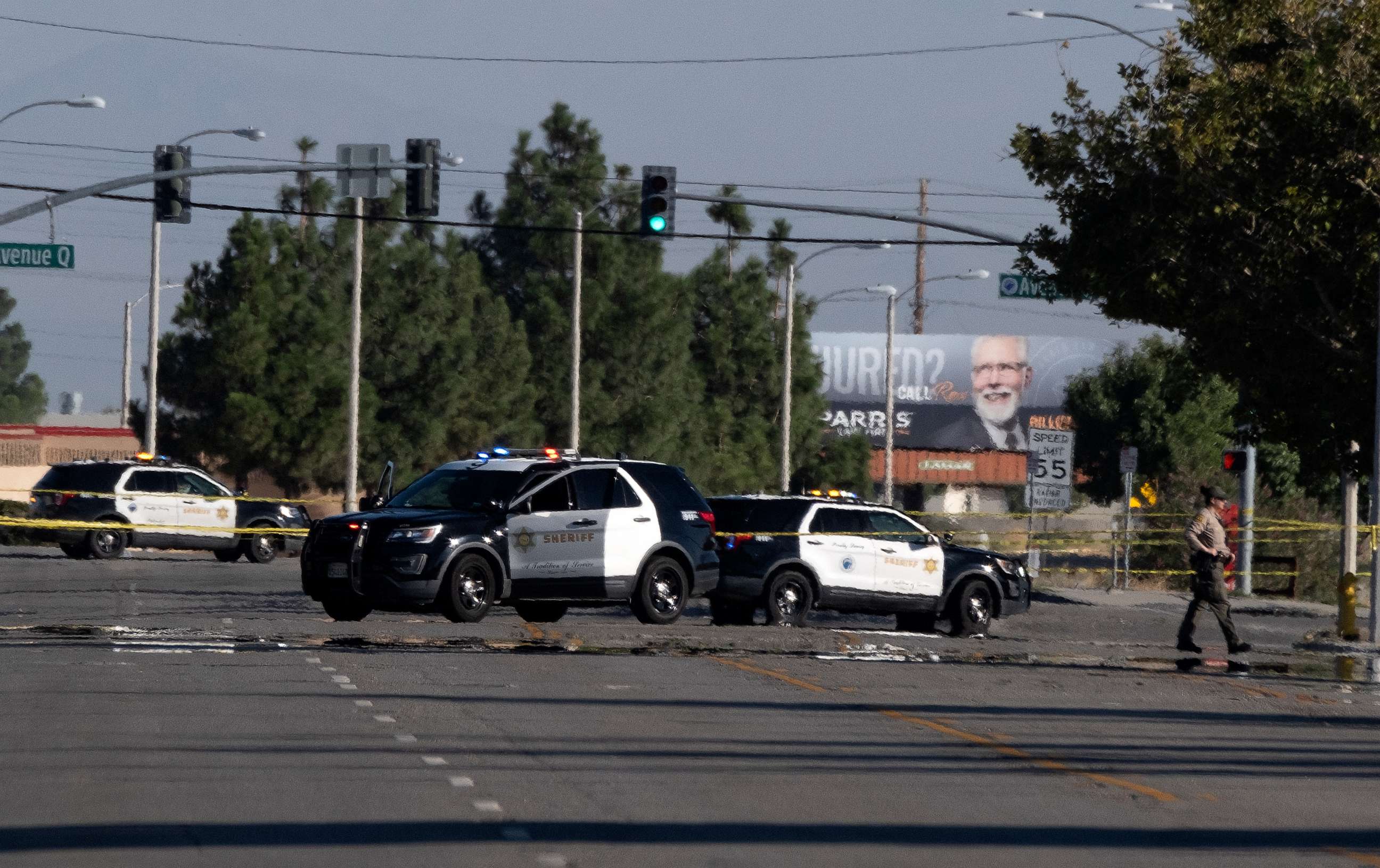 PHOTO: Police cars block off a street where a sheriff's deputy was shot while in his patrol car in Palmdale, Calif. on Sunday, Sept. 17, 2023.