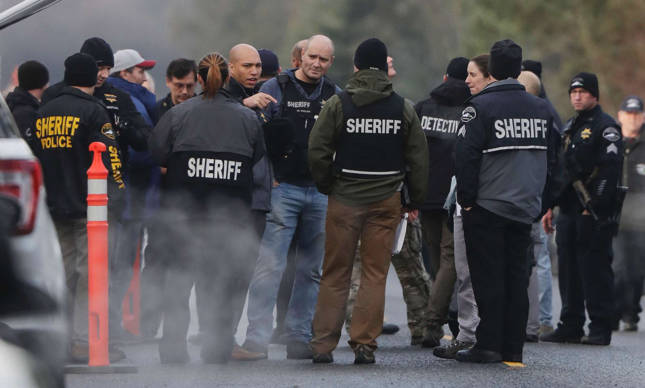 PHOTO: Pierce County Sheriff and other law enforcement officials gather, Jan. 8, 2018, in Frederickson, Wash., near the scene of the fatal shooting of a Pierce County Sheriff's deputy.