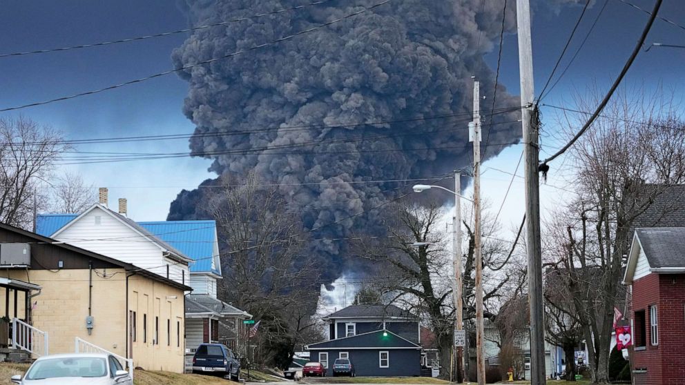 PHOTO: A large plume of smoke rises over East Palestine, Ohio, after a controlled detonation of a portion of the derailed Norfolk Southern trains Monday, Feb. 6, 2023.