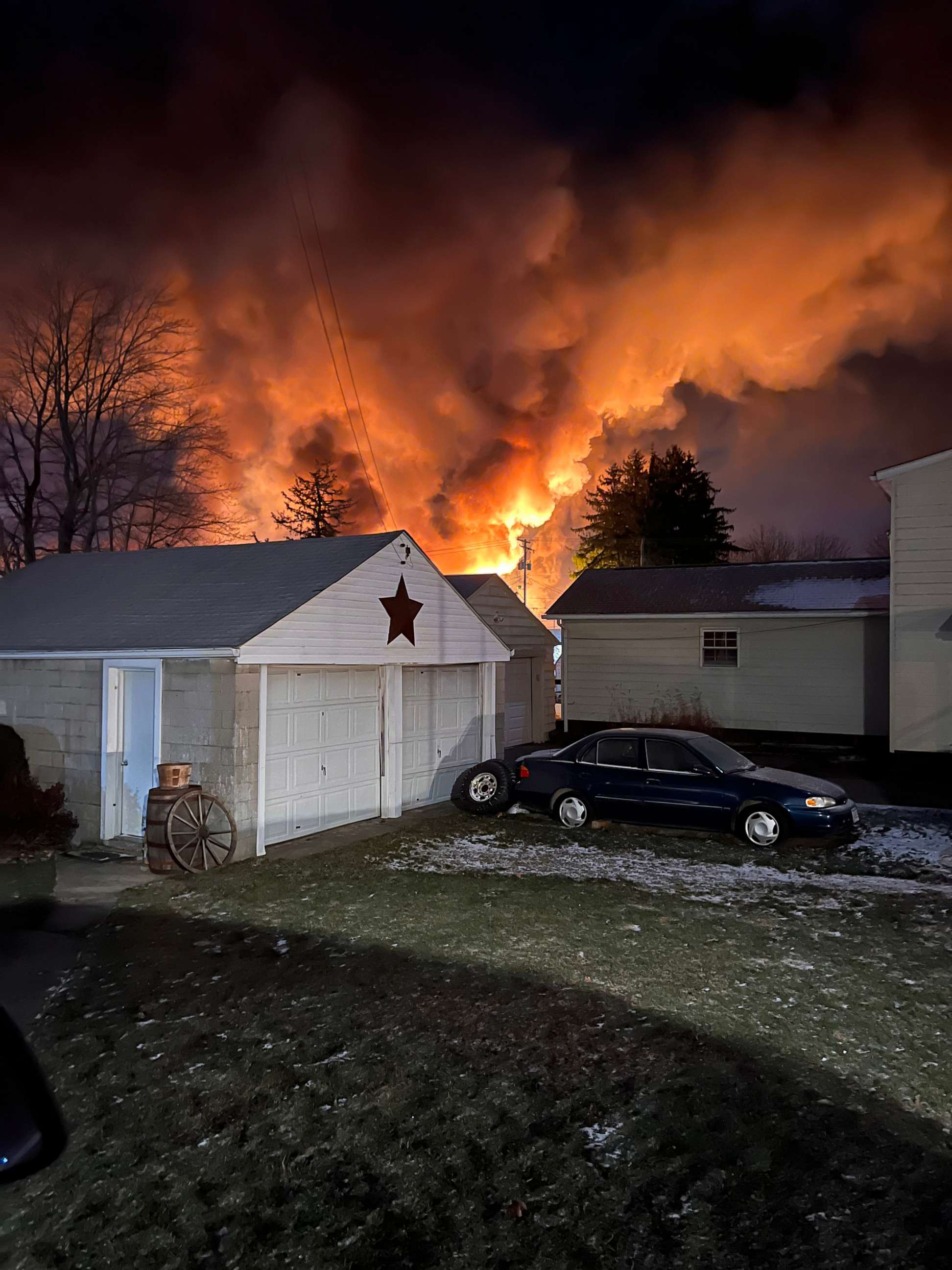 PHOTO: Thick smoke fills the sky from a fire following the train derailment of hazardous materials in East Palestine, Ohio, Feb. 3, 2023.
