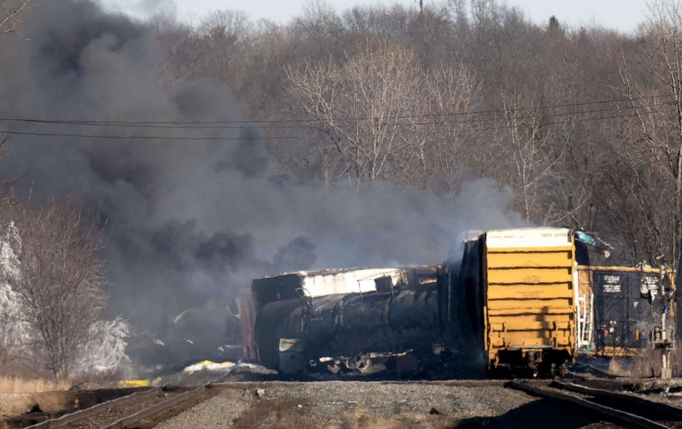 PHOTO: Smoke rises from a derailed cargo train in East Palestine, Ohio on Feb. 4, 2023. The accident sparked a massive fire and evacuation orders, officials and reports said Saturday.