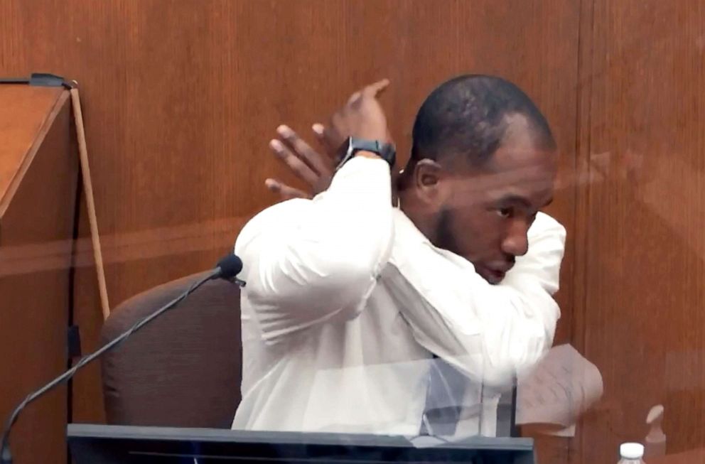 PHOTO:Donald Williams, a wrestler who has experience with chokeholds, testifies on the first day of the trial of former Minneapolis police officer Derek Chauvin regarding the death of George Floyd, Minneapolis, March 29, 2021.