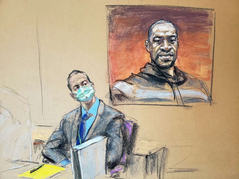 PHOTO: A courtroom sketch shows former Minneapolis police officer Derek Chauvin in front of a picture of George Floyd displayed during Chauvin's trial in the death of Floyd in Minneapolis, March 29, 2021.