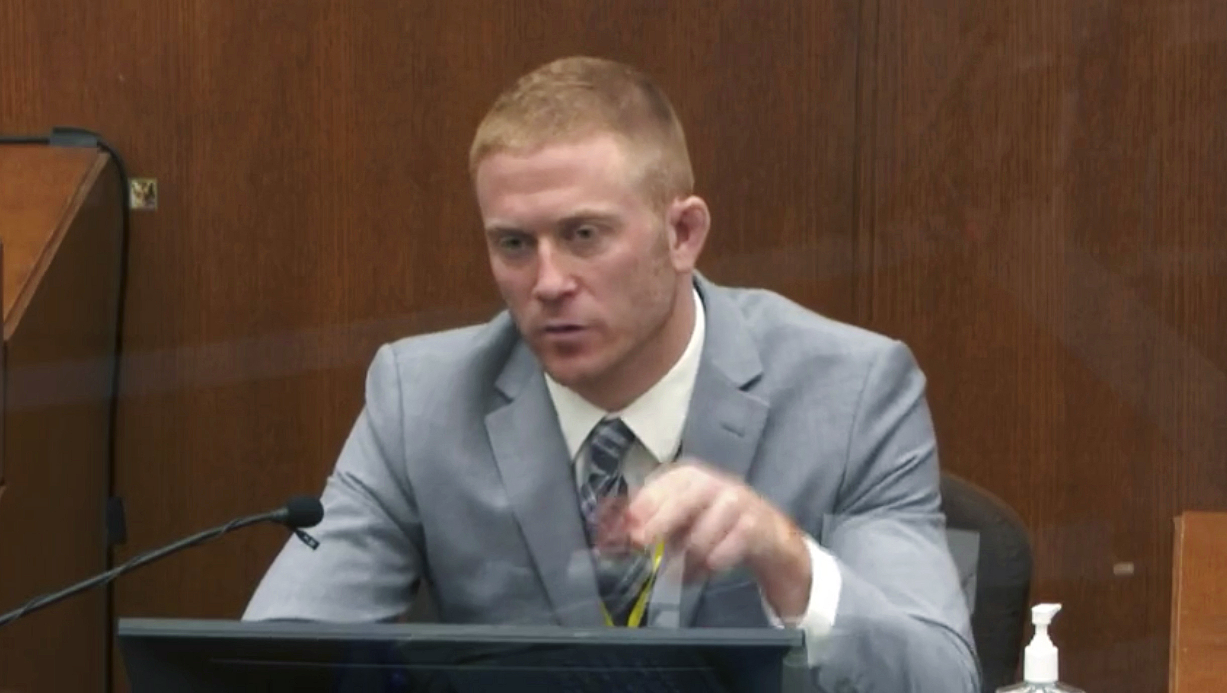 PHOTO: Paramedic Derek Smith answers questions on the stand, April 1, 2021, during the trial of former Minneapolis police Officer Derek Chauvin at the Hennepin County Courthouse in Minneapolis, Minn.