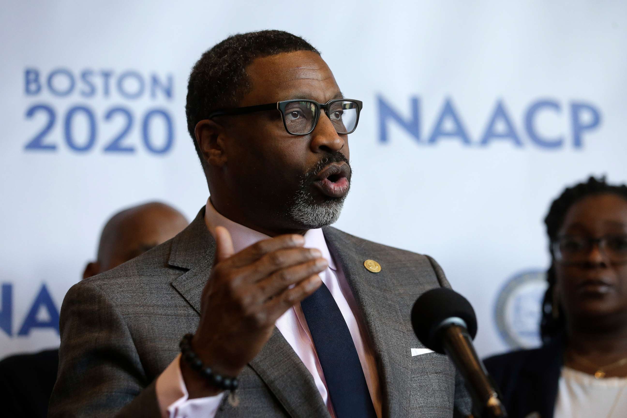 PHOTO: NAACP President Derrick Johnson faces reporters during a news conference in Boston, Dec. 12, 2019.