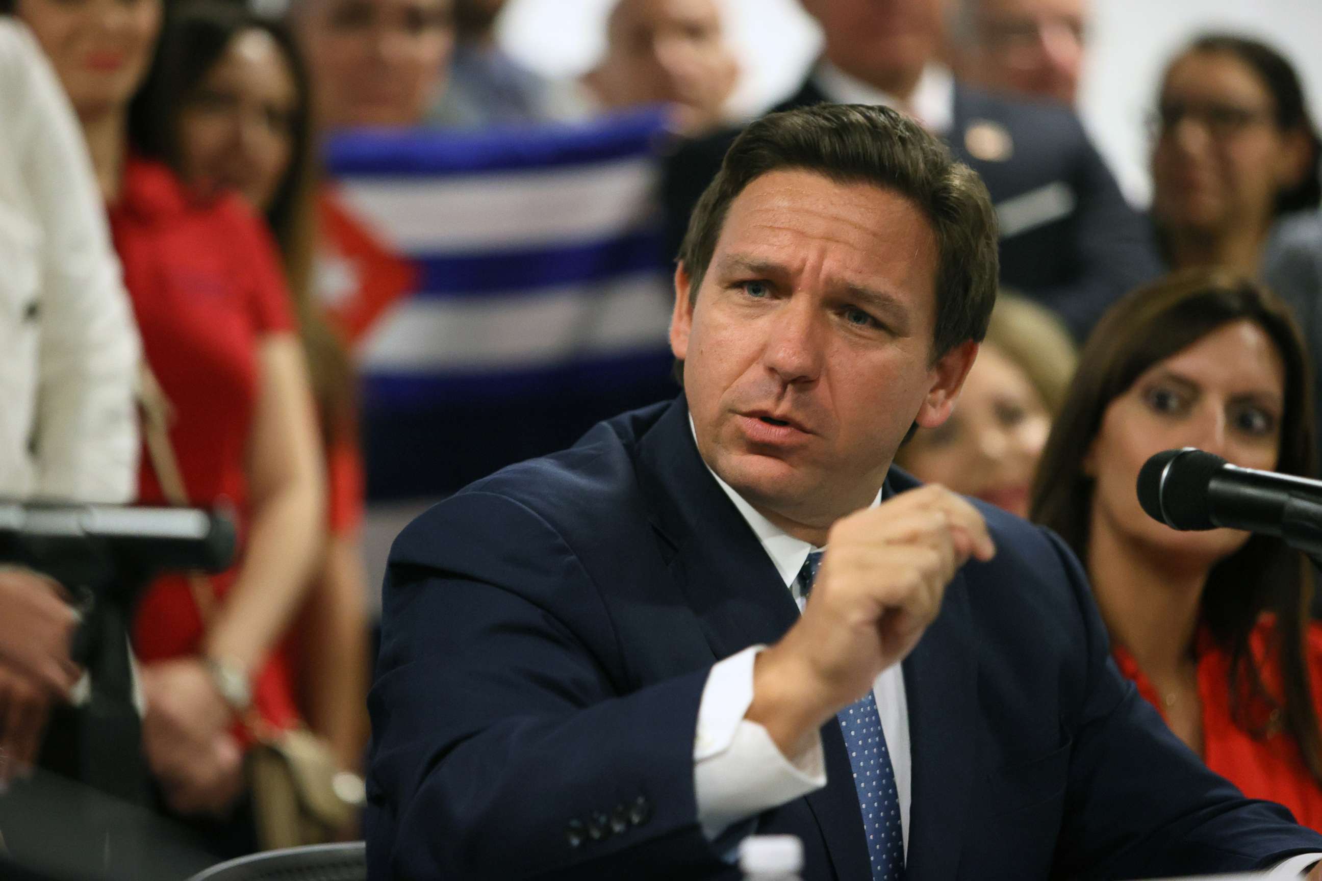 PHOTO: Florida Gov. Ron DeSantis takes part in a roundtable discussion about the uprising in Cuba at the American Museum of the Cuba Diaspora, July 13, 2021, in Miami.