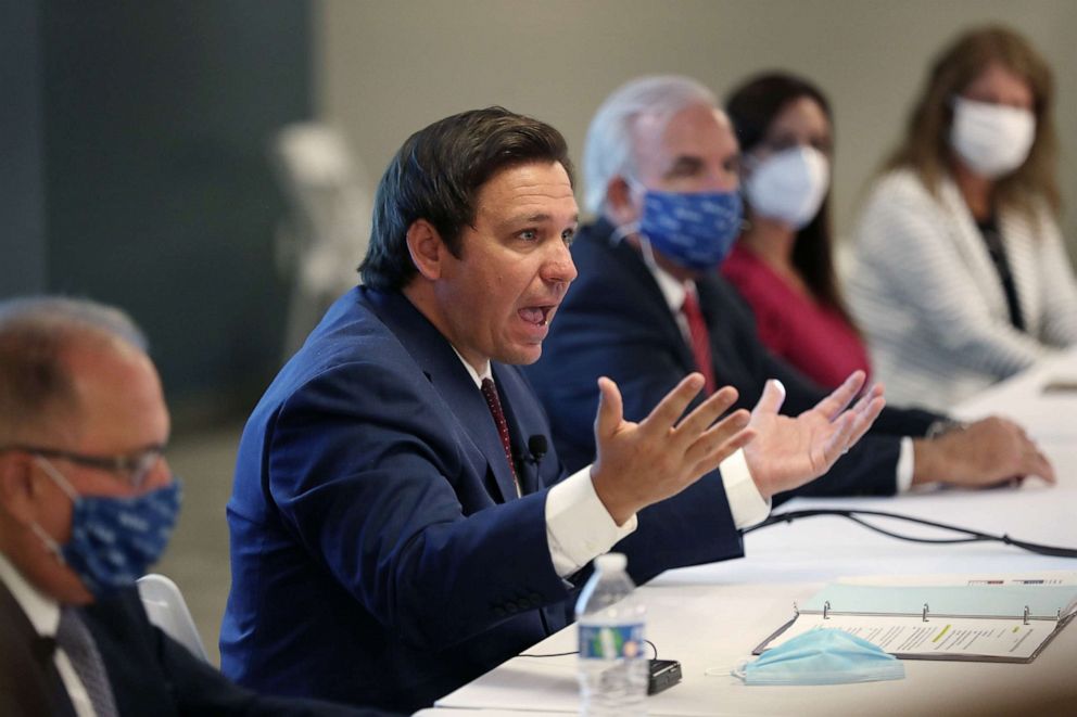 PHOTO: Florida Governor Ron DeSantis speaks during a press conference about the rising numbers of coronavirus cases at the Pan American Hospital, July 7, 2020 in Miami.