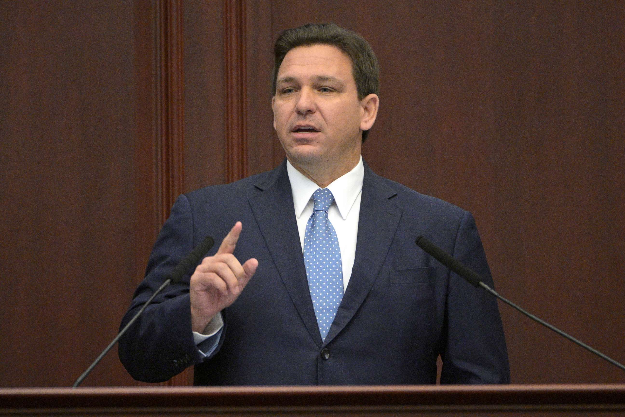 PHOTO: In this Jan. 11, 2022, Florida Gov. Ron DeSantis addresses a joint session of a legislative session in Tallahassee, Fla.