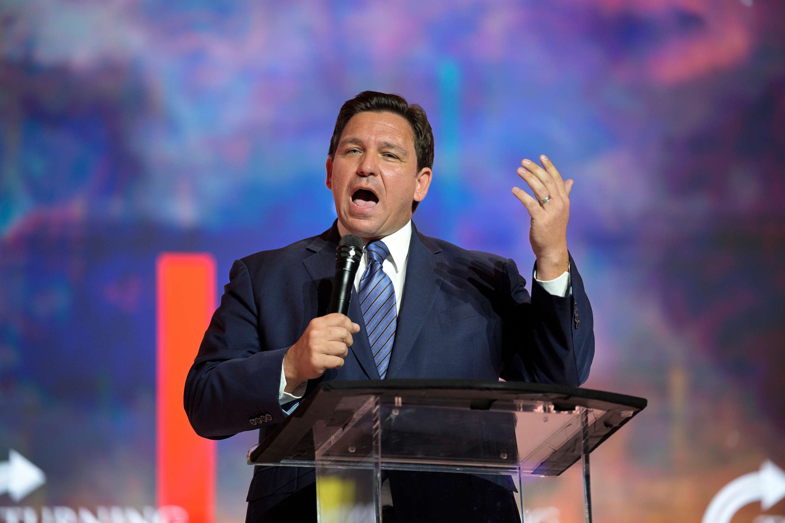 PHOTO: Florida Gov. Ron DeSantis addresses attendees during the Turning Point USA Student Action Summit, on July 22, 2022, in Tampa, Fla.