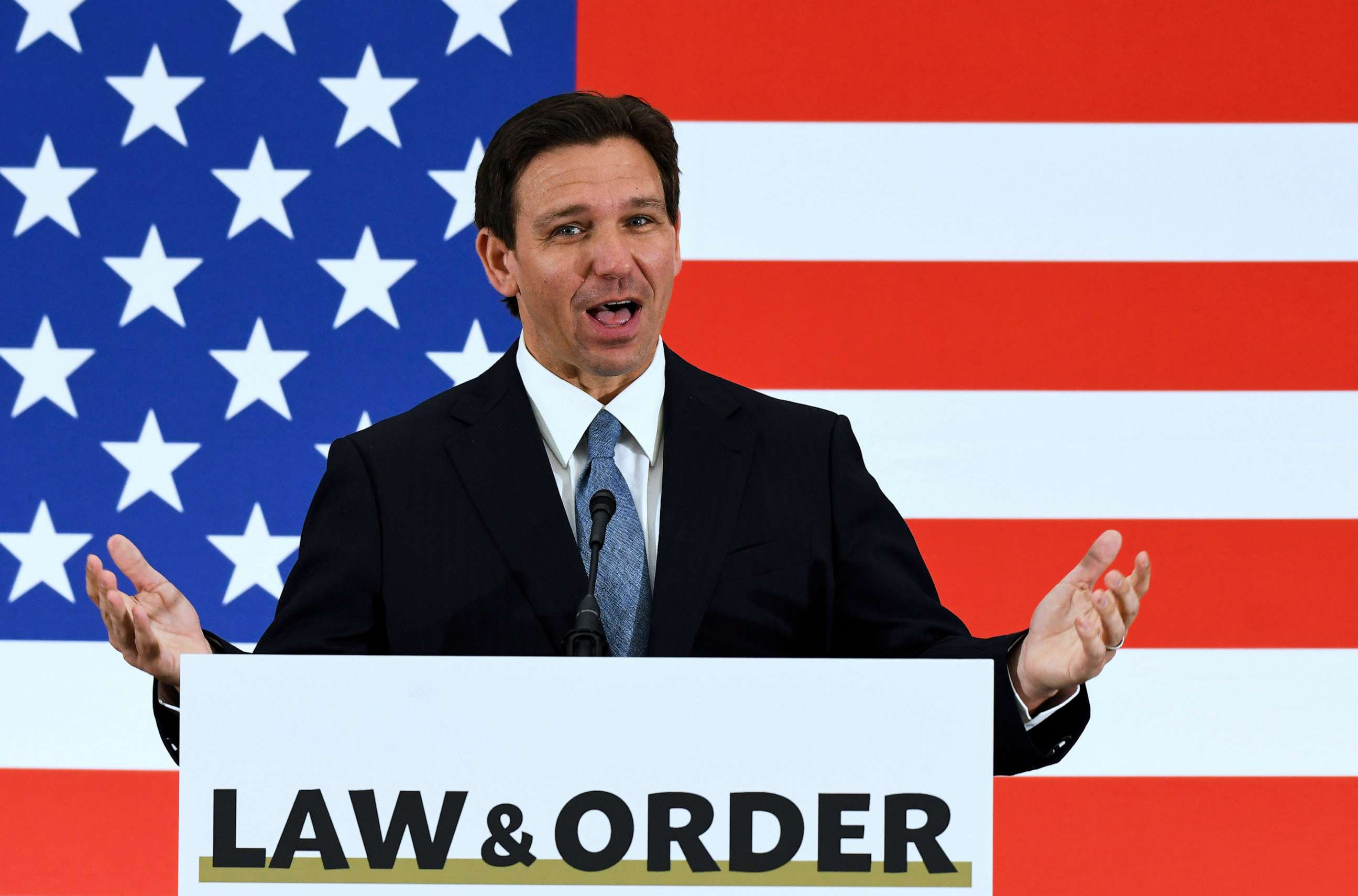 PHOTO: Florida Governor Ron DeSantis speaks at a press conference at the American Police Hall of Fame & Museum in Titusville, Fla., on May 1, 2023.