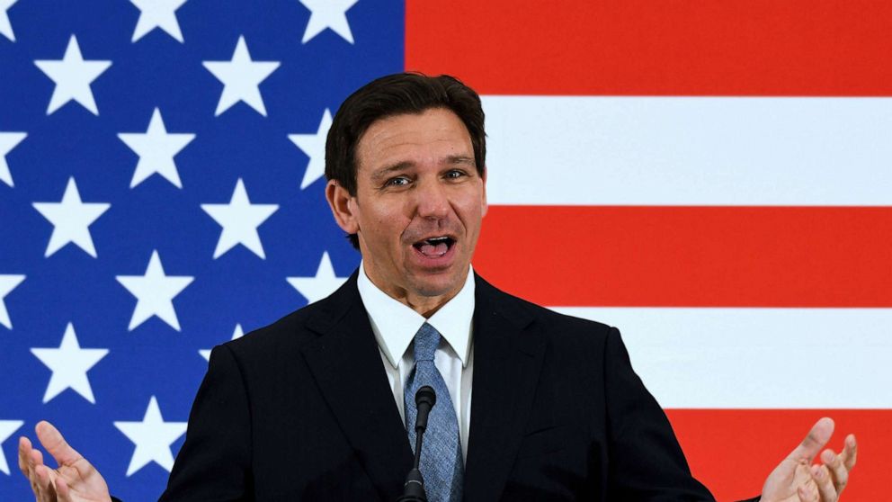 PHOTO: Florida Gov. Ron DeSantis speaks at a press conference at the American Police Hall of Fame & Museum on May 1, 2023 in Titusville, Florida.