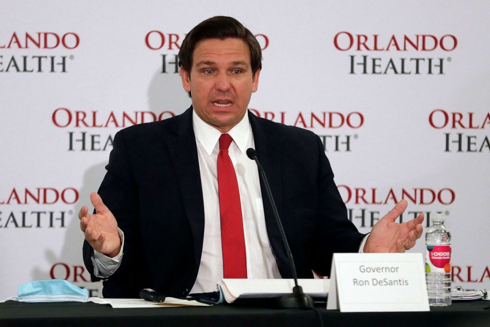PHOTO: Florida Gov. Ron DeSantis speaks at a news conference at Orlando Regional Medical Center, June 23, 2020, in Orlando, Fla.
