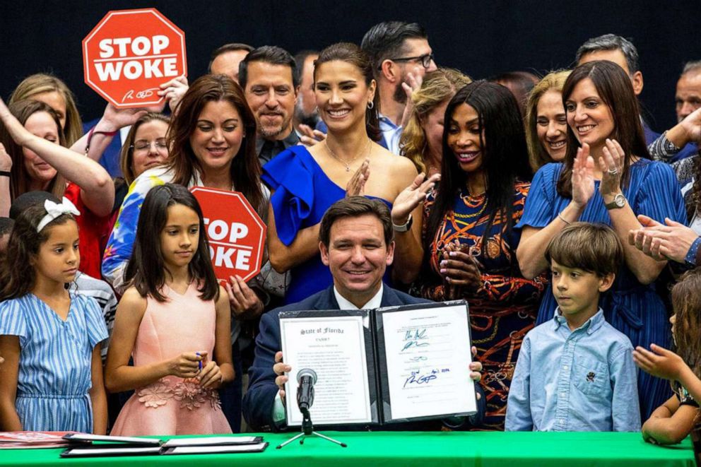 PHOTO: In this April 22, 2022, file photo, Florida Gov. Ron DeSantis reacts after signing HB 7, titled "Individual Freedom," also dubbed the "Stop Woke" bill, at Mater Academy Charter Middle/High School in Hialeah Gardens, Fla.